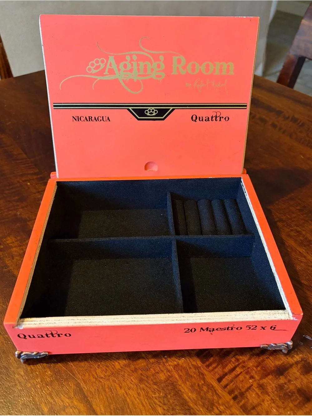 Upcycled Aging Room Quattro Cigar Box Jewelry Organizer Black Gold and Orange